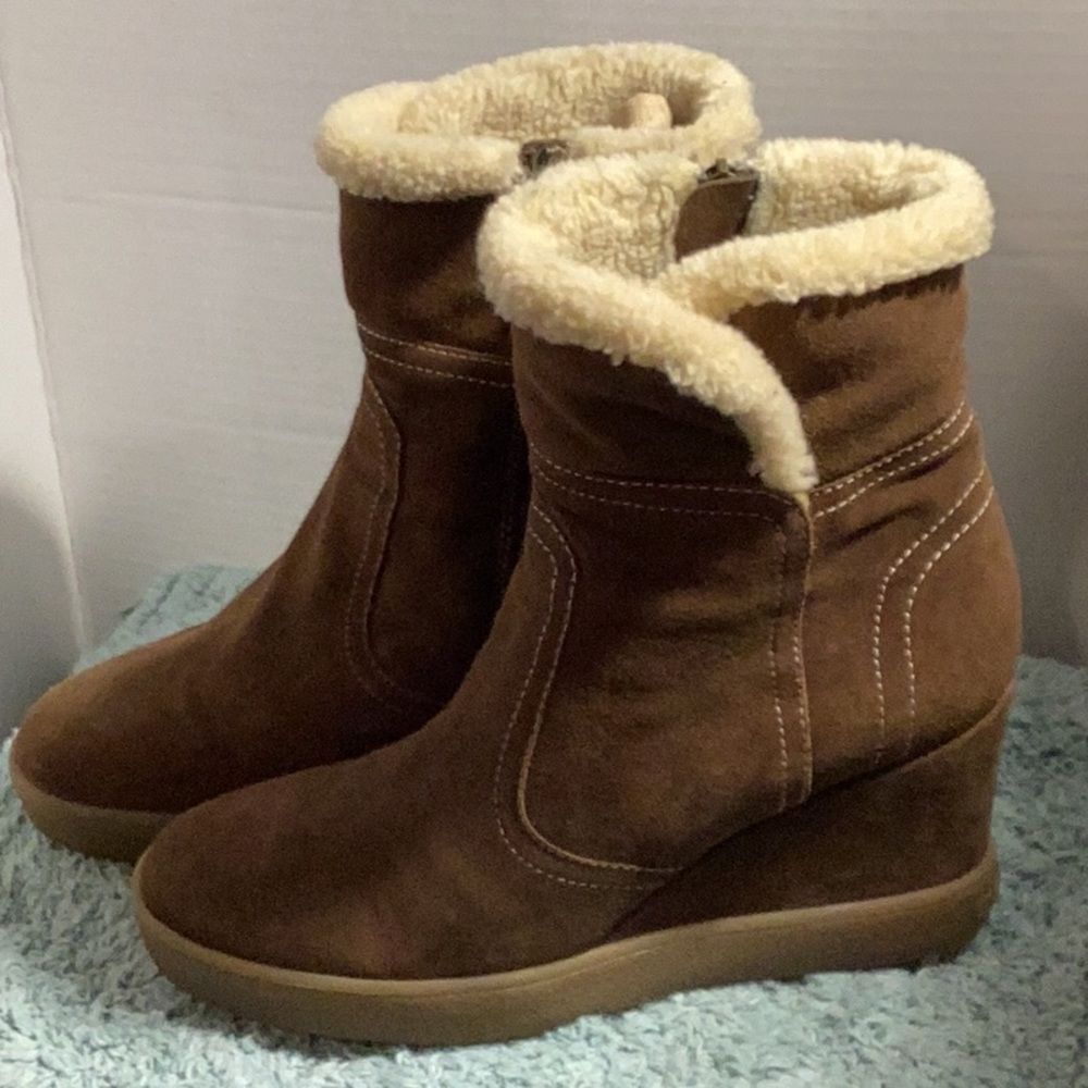 Aquatalia Made In Italy Wedge Heeled Suede Leather Ankle Boots Faux Fur Lined 10